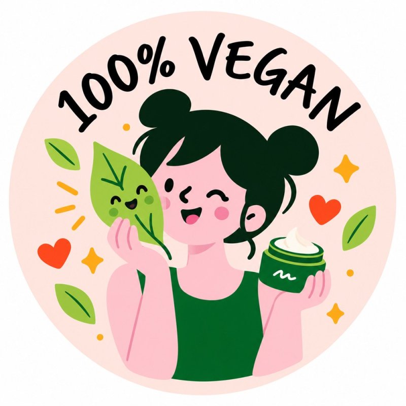 Pegatina redonda individual 100% vegan con ilustración sobre fondo rosa.