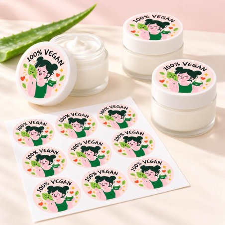 Pegatinas redondas 100% vegan en tarros de crema y blíster de 9 pegatinas.