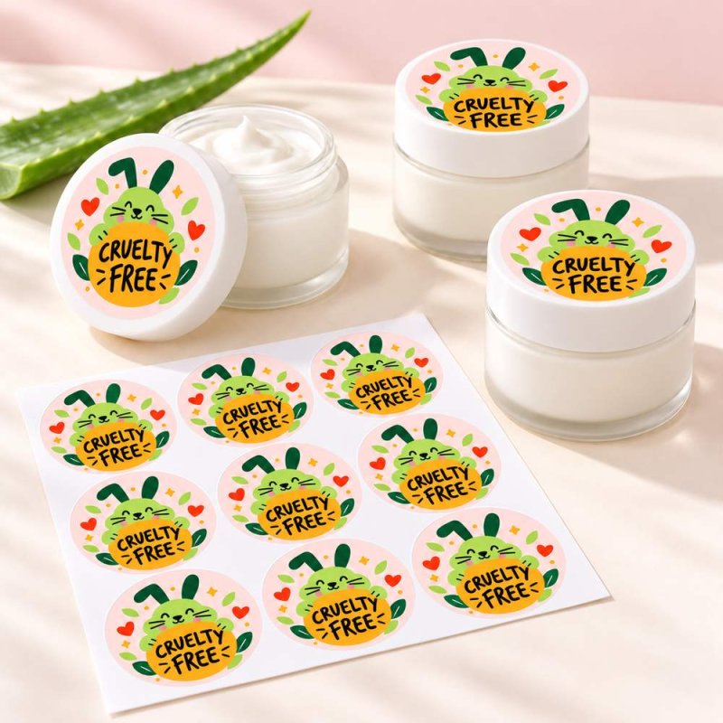 Pegatinas redondas cruelty free: pegatinas aplicadas a productos y blíster.