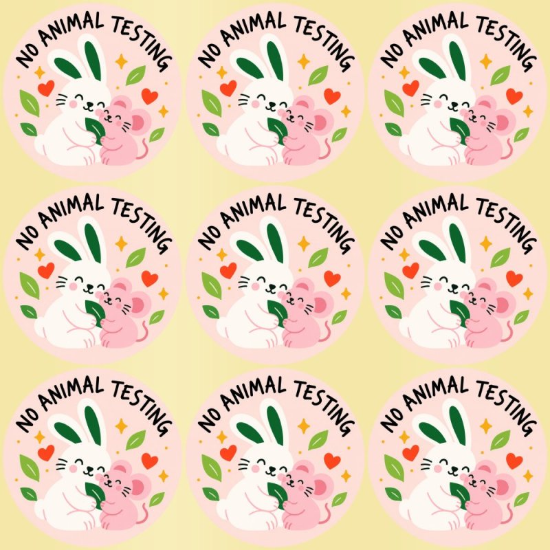 Blíster de 9 pegatinas redondas no animal testing con vinilo pelado.