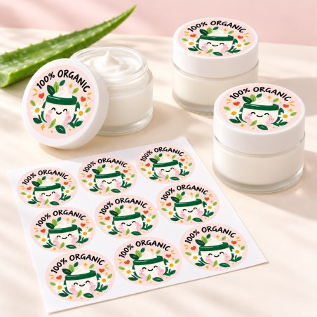 Pegatinas redondas 100% organic: pegatinas aplicadas a productos y blíster.