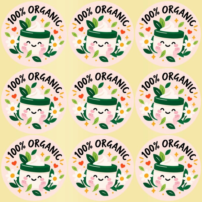 Blíster de 9 pegatinas redondas 100% organic con vinilo pelado.