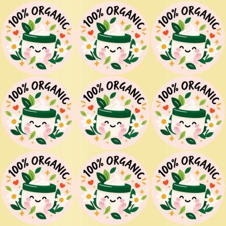Blíster de 9 pegatinas redondas 100% organic con vinilo pelado.