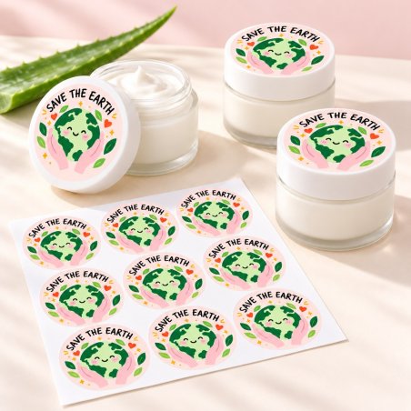 Pegatinas redondas save the earth: pegatinas aplicadas a productos y blíster.