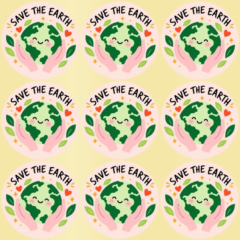 Blíster de 9 pegatinas redondas save the earth con vinilo pelado.
