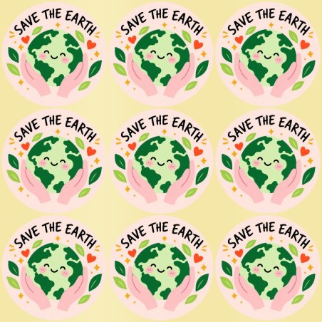 Blíster de 9 pegatinas redondas save the earth con vinilo pelado.