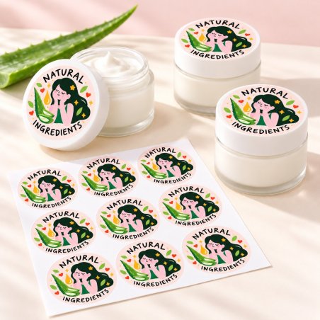 Pegatinas redondas natural ingredients: pegatinas aplicadas a productos y blíster.