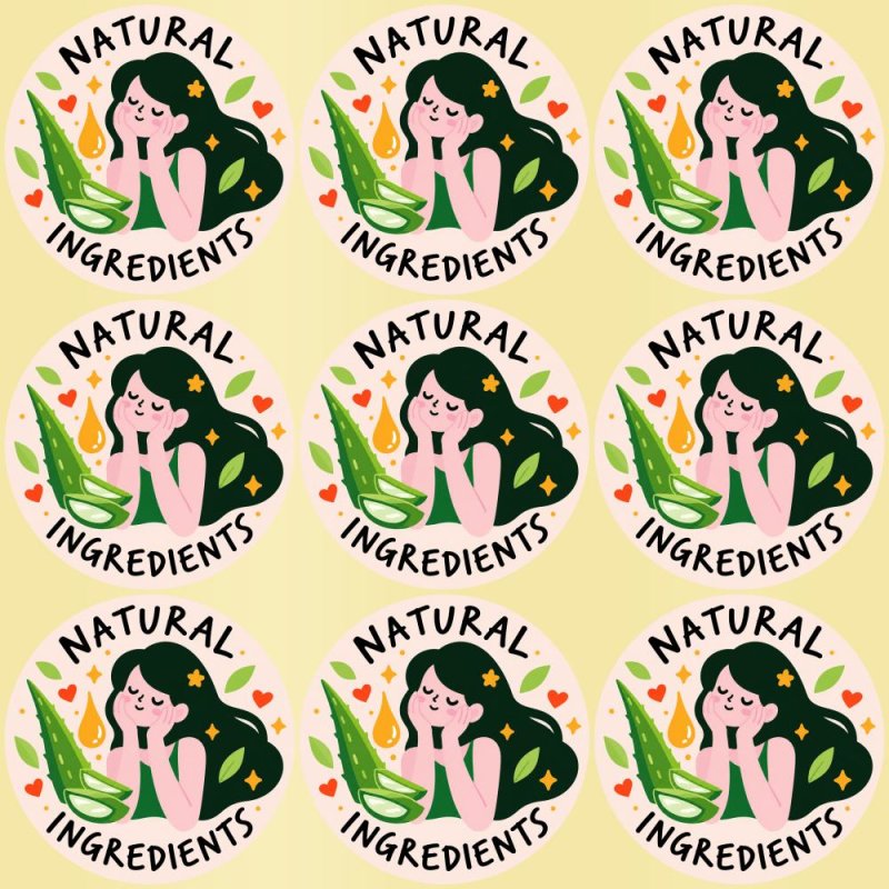 Blíster de 9 pegatinas redondas natural ingredients con vinilo pelado.