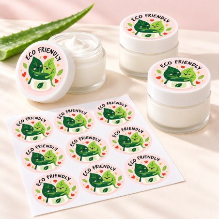 Pegatinas redondas eco friendly: pegatinas aplicadas a productos y blíster.