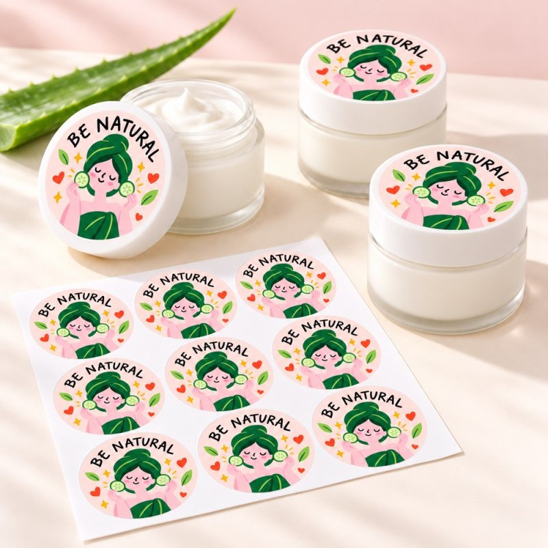 Pegatinas redondas be natural: pegatinas aplicadas a productos y blíster.