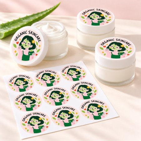 Pegatinas redondas organic skincare: pegatinas aplicadas a productos y blíster.