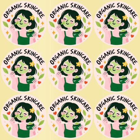 Blíster de 9 pegatinas redondas organic skincare con vinilo pelado.