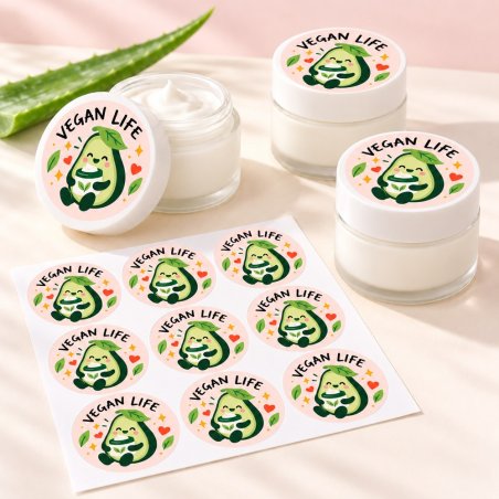 Pegatinas redondas vegan life: pegatinas aplicadas a productos y blíster.