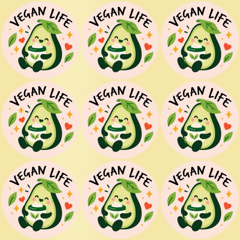 Blíster de 9 pegatinas redondas vegan life con vinilo pelado.
