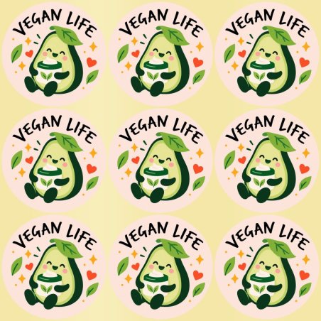 Blíster de 9 pegatinas redondas vegan life con vinilo pelado.