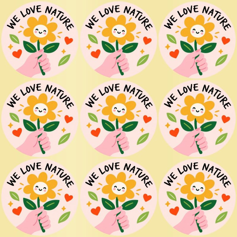 Blíster de 9 pegatinas redondas we love nature con vinilo pelado.
