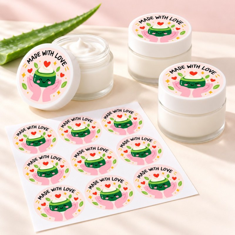 Pegatinas redondas made with love: pegatinas aplicadas a productos y blíster.