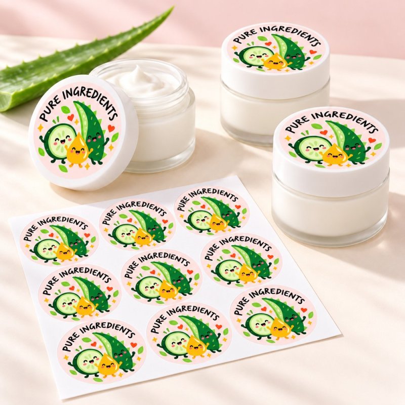 Pegatinas redondas pure ingredients: pegatinas aplicadas a productos y blíster.