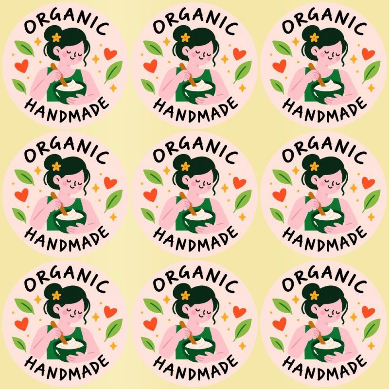 Blíster de 9 pegatinas redondas organic handmade con vinilo pelado.