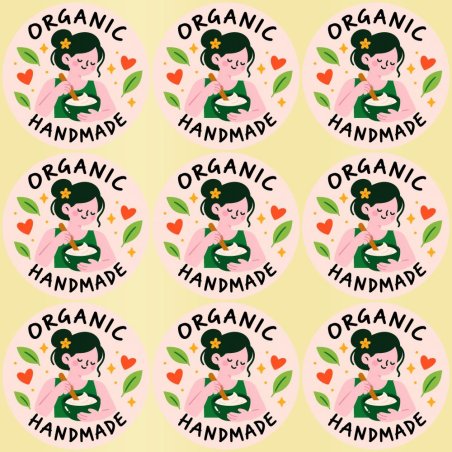 Blíster de 9 pegatinas redondas organic handmade con vinilo pelado.