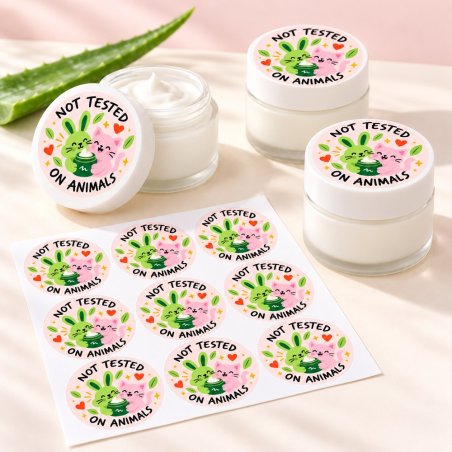 Pegatinas redondas not tested on animals: pegatinas aplicadas a productos y blíster.