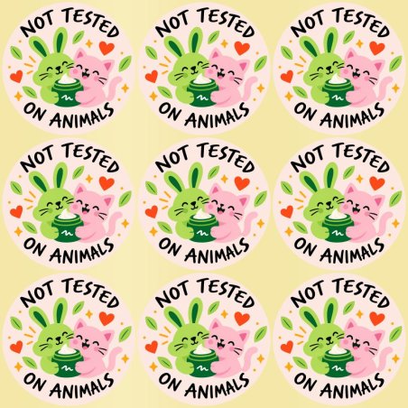 Blíster de 9 pegatinas redondas not tested on animals con vinilo pelado.