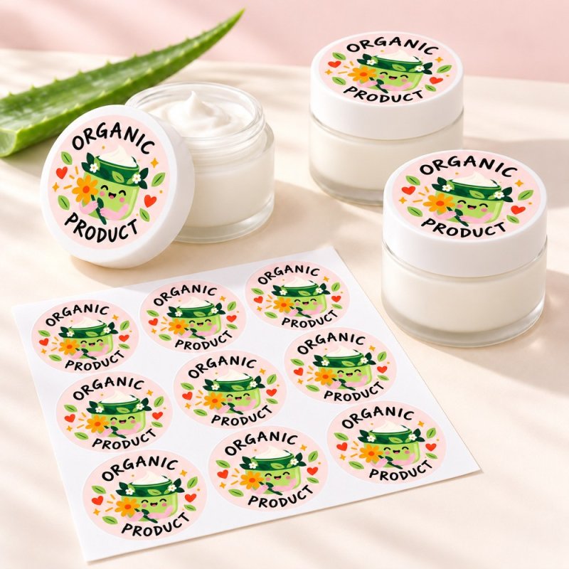 Pegatinas redondas organic product: pegatinas aplicadas a productos y blíster.