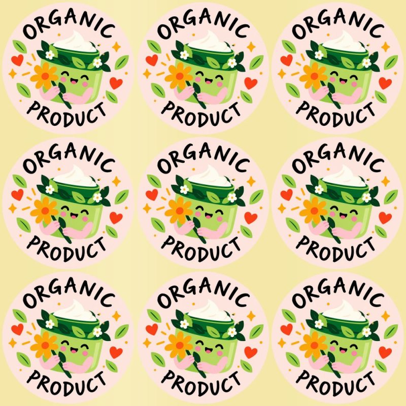 Blíster de 9 pegatinas redondas organic product con vinilo pelado.