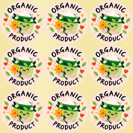 Blíster de 9 pegatinas redondas organic product con vinilo pelado.