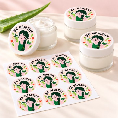 Pegatinas redondas be healthy: pegatinas aplicadas a productos y blíster.