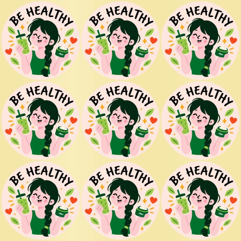 Blíster de 9 pegatinas redondas be healthy con vinilo pelado.