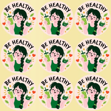 Blíster de 9 pegatinas redondas be healthy con vinilo pelado.