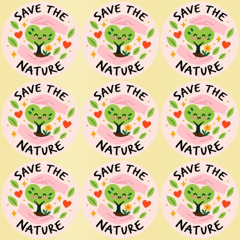 Blíster de 9 pegatinas redondas save the nature con vinilo pelado.