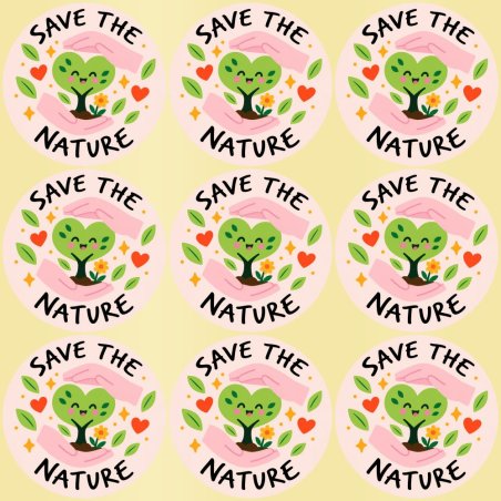 Blíster de 9 pegatinas redondas save the nature con vinilo pelado.