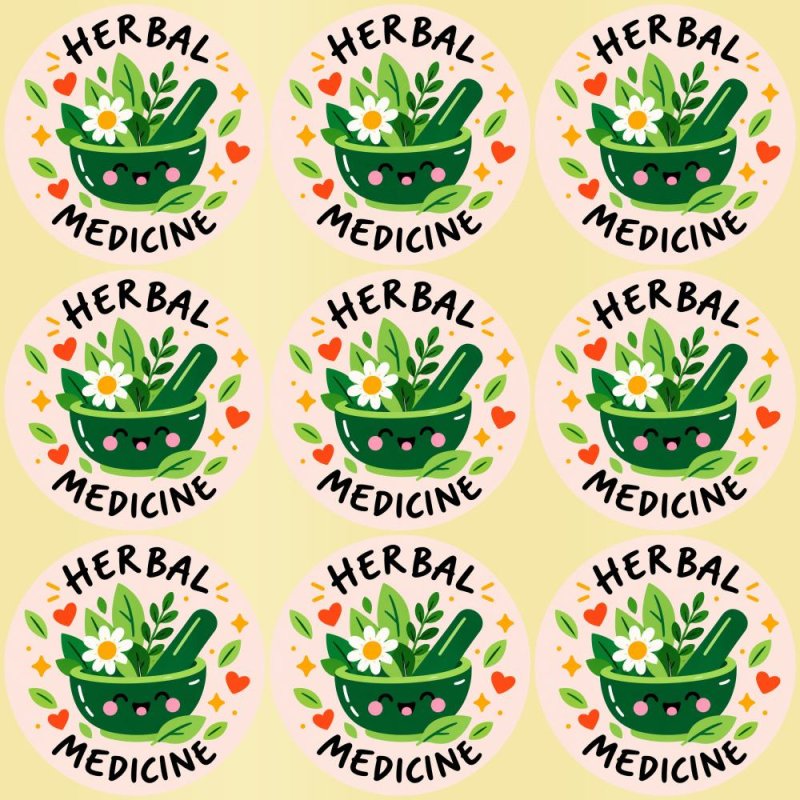 Blíster de 9 pegatinas redondas herbal medicine con vinilo pelado.