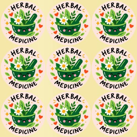 Blíster de 9 pegatinas redondas herbal medicine con vinilo pelado.