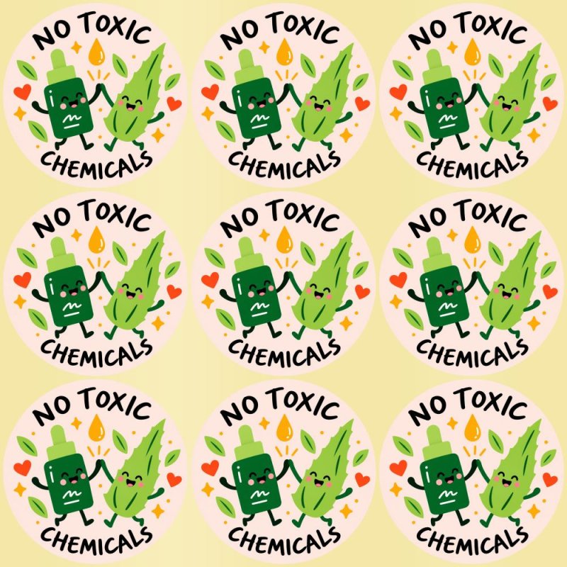 Blíster de 9 pegatinas redondas no toxic chemicals con vinilo pelado.