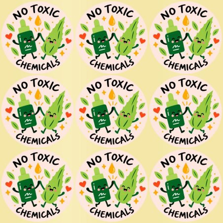 Blíster de 9 pegatinas redondas no toxic chemicals con vinilo pelado.