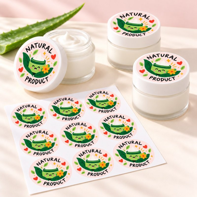 Pegatinas redondas natural product: pegatinas aplicadas a productos y blíster.