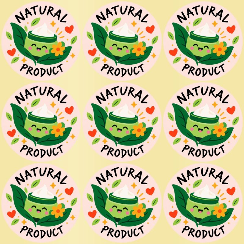 Blíster de 9 pegatinas redondas natural product con vinilo pelado.