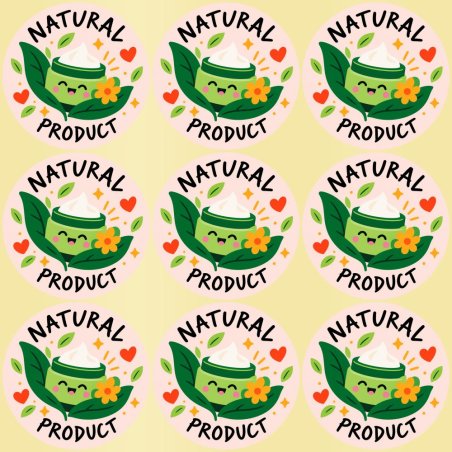 Blíster de 9 pegatinas redondas natural product con vinilo pelado.