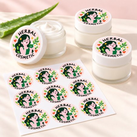 Pegatinas redondas herbal cosmetic: pegatinas aplicadas a productos y blíster.