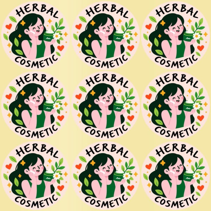 Blíster de 9 pegatinas redondas herbal cosmetic con vinilo pelado.