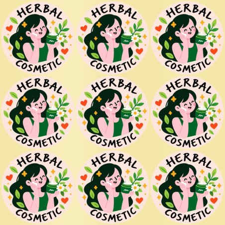 Blíster de 9 pegatinas redondas herbal cosmetic con vinilo pelado.