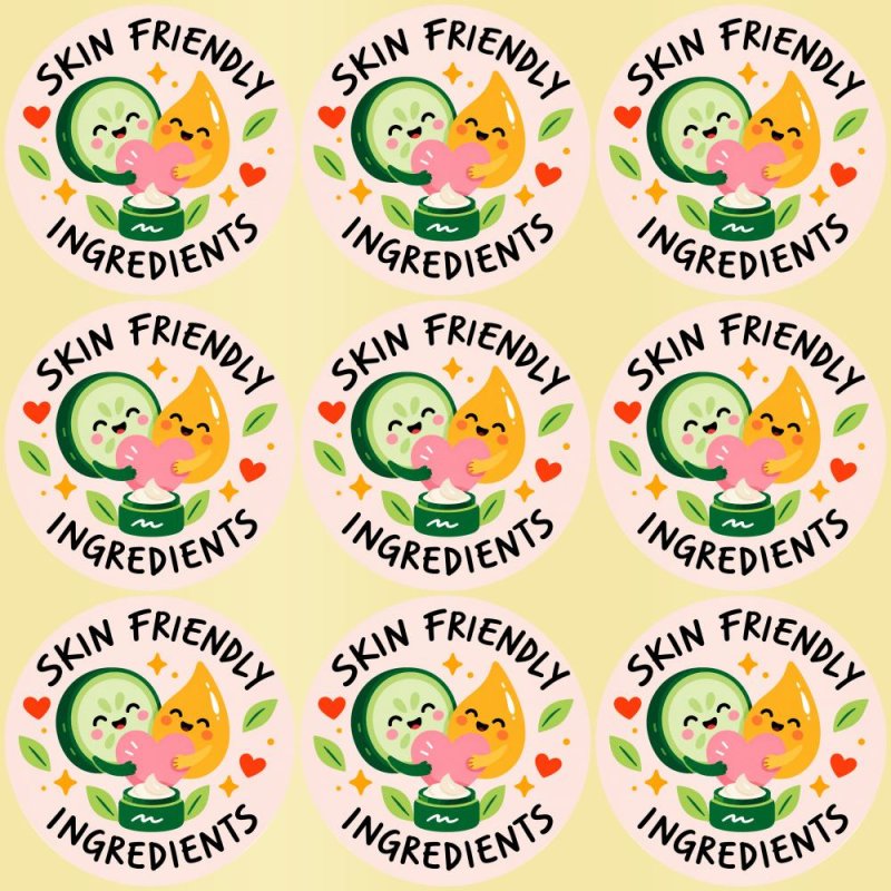 Blíster de 9 pegatinas redondas skin friendly ingredients con vinilo pelado.