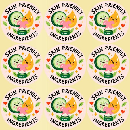 Blíster de 9 pegatinas redondas skin friendly ingredients con vinilo pelado.