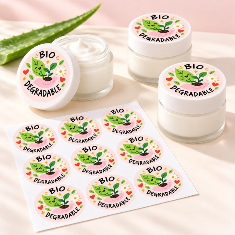 Pegatinas redondas bio degradable: pegatinas aplicadas a productos y blíster.