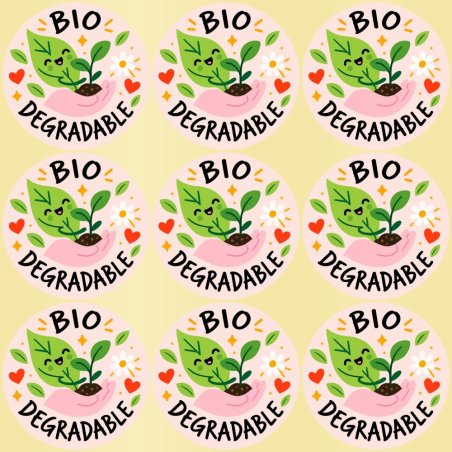 Blíster de 9 pegatinas redondas bio degradable con vinilo pelado.