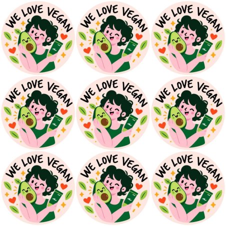 Blíster de 9 pegatinas redondas we love vegan.