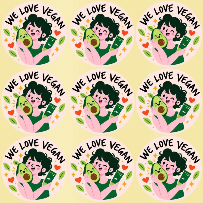 Blíster de 9 pegatinas redondas we love vegan con vinilo pelado.